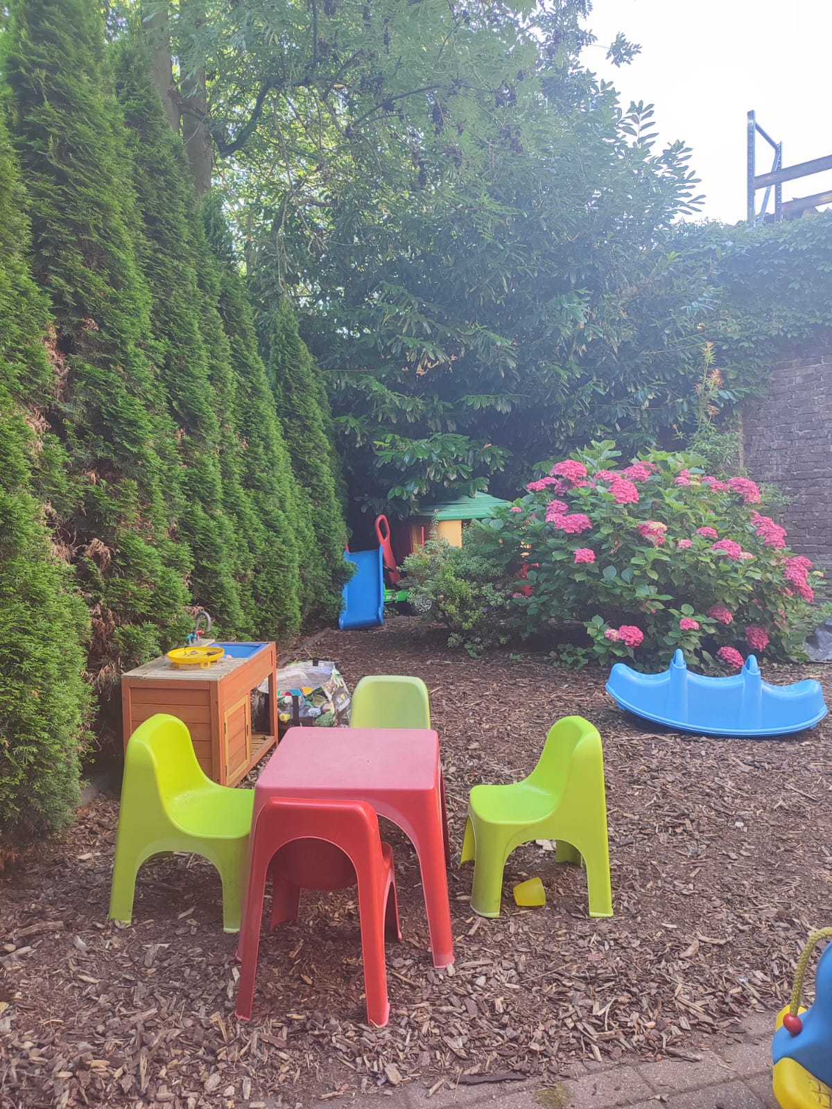 Unser Garten mit Sitzgruppe unter hohen Hecken und blühenden Hortensien