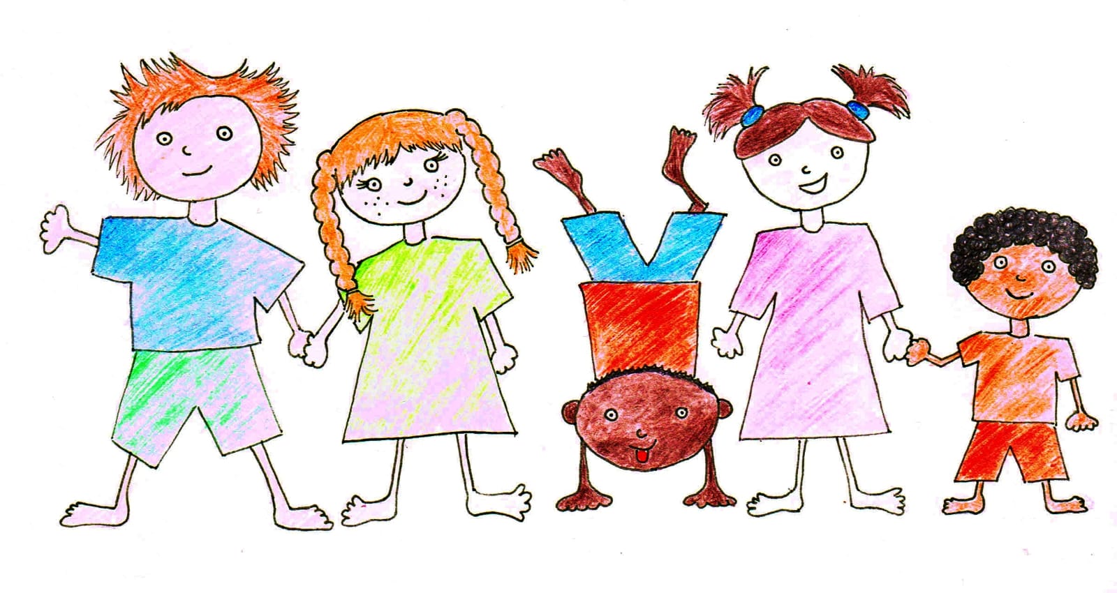 Bunte Kinderzeichnung von fünf fröhlichen Kindern, die Händchen halten